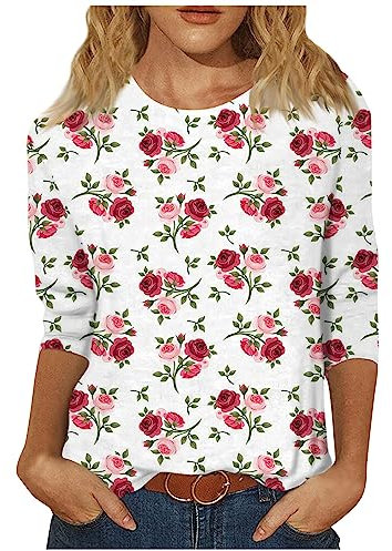 Women's Tops and Blouses Ladies 3/4 Length Sleeve Tops Casual Summer Round Neck Shirts Print Loose Fit Three Quarter Length Sleeve Blouses 01-Hot Pink M