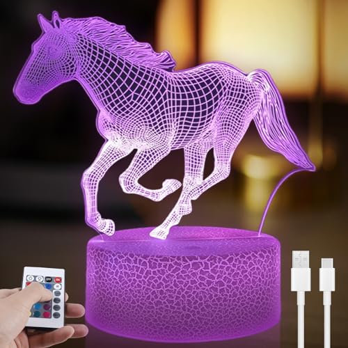 Asfrode Lampada Cavallo 3D per Bambini con Telecomando Luce Notturna LED con 16 Colori Cambiabili Effetto Illusione Ottica per Camera da Letto Regalo Natale Compleanno Decorazione Casa