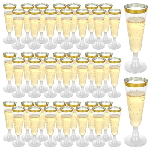 JMIATRY 100 Stück Kunststoff Sektgläser 160ml Sektgläser Plastik, Sektgläser mit Goldrand für Sektempfang Party, Hochzeit, Geburtstag, Picknick