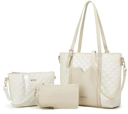VINBAGGE Handtasche Damen Groß PU Leder Henkeltasche Vintage Schultertasche Shopper Umhängetasche Frauen Tasche für Büro Schule Reise Einkauf- Set 3pcs Weiß
