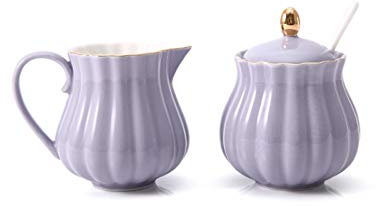 OUSIKA Zuckerdose, Keramik-Zuckerdosen und Milchkännchen, Kombination aus Haushalts-Kaffeeutensilien, Zubehör, Zuckerdose mit Deckel, spitzer Mund, Milchkännchen, Bonbonglas Gläser(Color:Purple)