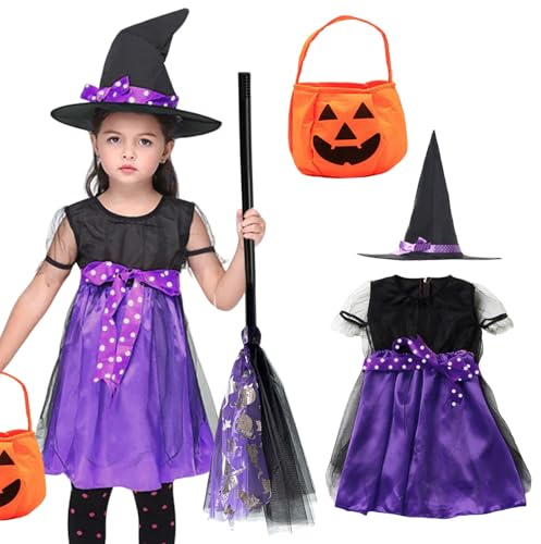SOETDERT Costume Strega Bambina, Vestito Halloween Bambina Strega, Costume Halloween Bambina con Cappello da Strega, Vestiti Halloween Bambina Strega per Halloween, Carnevale, Cosplay Feste