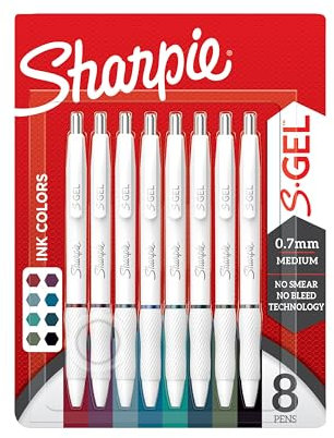 Sharpie S-Gel | Gelstifte zum Schreiben | Mittlere Spitze (0,7mm) | Verschiedene Tintenfarben | Weißes Perlmuttgehäuse | 8er-Pack