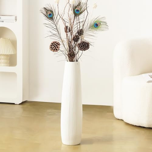 Große weiße Bodenvase aus Keramik, 61 cm hoch, große dekorative Blumenvasen für Dekoration, Wohnzimmer, modernes Zuhause, Büro, Schlafzimmer, Bauernhaus, glänzende Glasur (61 cm hoch)