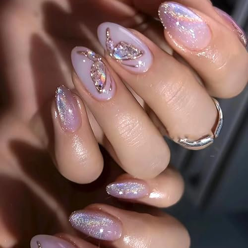 Ceboic 24Pcs False Nails Short Almond, Glitter Purple Fake Nails Glossy Press on Nails with Cute Butterfly Design, Full Cover Acrylic Stick on Nail with Adhesive Tabs for Women Girls Nail Art