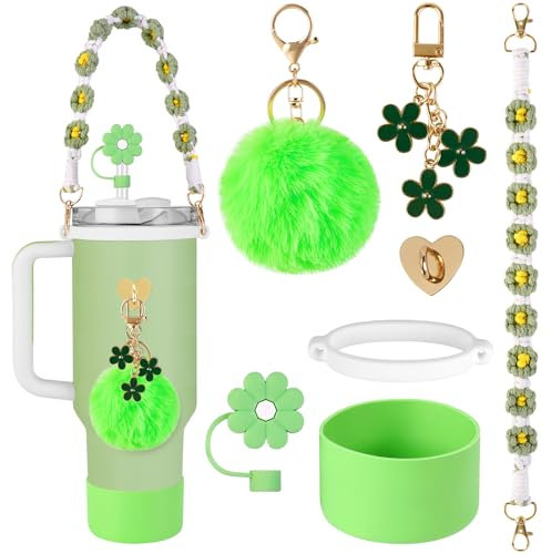 AUAUY 7 PCS Accessories Set for Stanley Cup, Water Bottle Decor Compatible with Stanley Cup, Includes Silicone Boot, Boho Woven Handle Strap, Straw Cover, Charms for Stanley Cup 30/40oz Tumbler(Green)