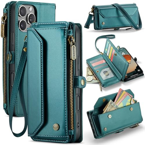 FONREST Leather Purse Bag Case for iPhone-16-Pro-Max, Magnetic Flip Wallet Cover with Kickstand RFID Blocking Card Holders Cash Slot Zipper Pocket Crossbody Lanyard Wrist Strap (Blue-green)