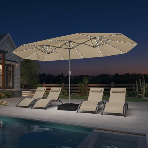 PURPLE LEAF Sombrilla de jardín exterior 455 x 270 cm de aluminio, gran sombrilla doble con LED y pie, para terraza, jardín, balcón y piscina, caqui, Modèle avec LED