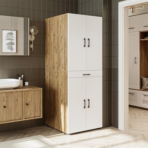 ROOMART Waschmaschinenschrank Dora für Trockner & Waschmaschine, in 4 Farben, mit Türen & Ausziehbrett (Weiß Eiche)