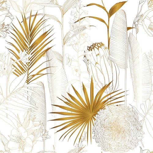 SOEWIOU Peel and Stick Wallpaper,44.5×300cm Gold/White Palm Leaves Floral Vintage Wallpaper,Light Chrysanthemum Floral Wallpaper,Waterproof Self Adhesive Wallpaper for Bedroom Cupboard