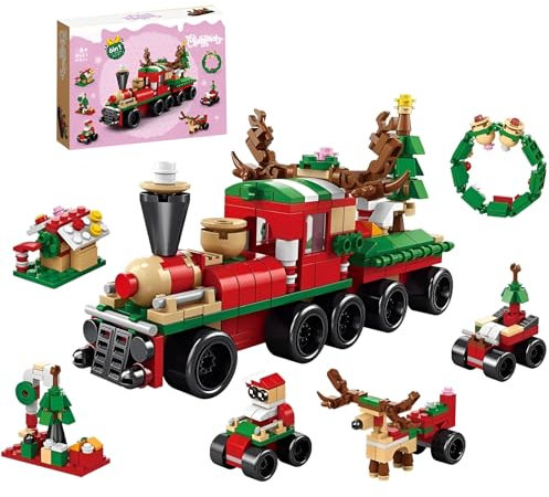 SymGrpu 6 IN 1 Weihnachtszug Mini Bausteine Bausatz, Lokomotive Modell Spielzeug Baukästen, Mini-Klemmbausteine-Sets, Weihnachten Bauklotz-Sets für Erwachsene & Kinder Jungen