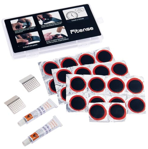 Fitense Bike Puncture Repair Kit 31 PCS, Bike Tyre Puncture Repair Kit with 26 Puncture Repair Patches, 2 Metal Rasp, 2 Vulcanizing Fluid, Inner Tube Repair Kit for Mountain MTB BMX Ebike Scooter