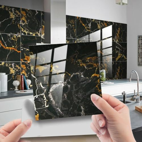 10Pcs Tile Stickers, Black Gold Marble Brick Bath Kitchen Wall Stair Tile Sticker Home For Bathrooms Kitchens And Living Rooms(15x15cm)