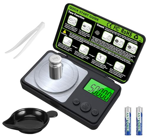 Báscula de Alta Precisión, 50 g/0,001 g Báscula de precisión digital, Con pantalla LCD, con peso de calibración, pinzas, bandeja y cuchara, báscula digital para pesar polvos, joyas, medicamentos