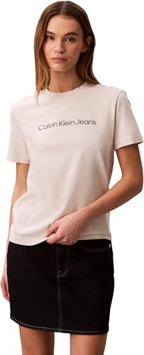 Calvin Klein Damen T-Shirt Kurzarm Logo Classic Regular Fit, Beige (Vanilla Heather), L