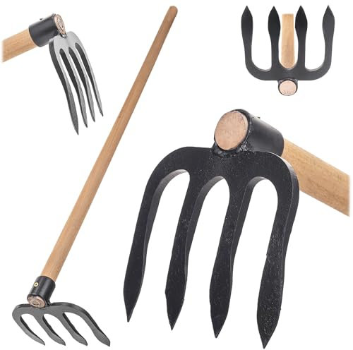 KADAX Kartoffelhacke mit 4 Zinken und langem Holzstiel, Gartenhacke aus geschmiedetem Stahl, Dunghacke für Gartenarbeit, Hacke für Garten (mit Stiel)