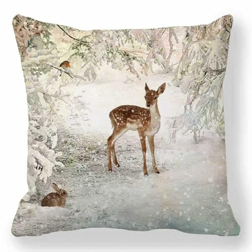 Kissenbezug 50x50 Tiere Und Schnee Leinen Kissenbezüge für Sofakissen Schlafzimmer Büro Wohnzimmer Outdoor Kopfkissenbezug, mit Verdecktem Zip, Voll Waschbar
