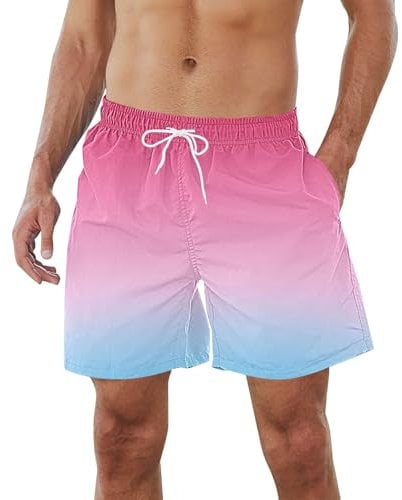 Strandshorts für Herren, Hawaii-Farbverlauf, kurz mit Tasche, schnelltrocknend, Badeanzüge, elastische Taille, Kordelzug, halbe Hose, lockere Passform, leichte Shorts für den Urlaub, Hot Pink1, S