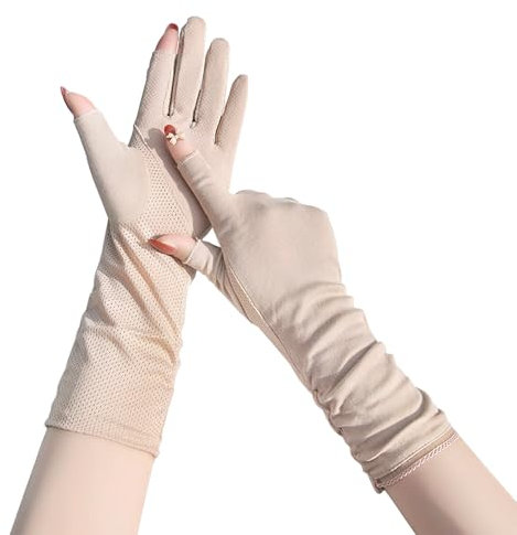 TINAYAUE Women Sun Protection Cotton Gloves for Cycling Driving Outdoor Sports Non Slip Thin Breathable Mesh Summer Touch Screen Full Finger Long Gloves (Skin Color)