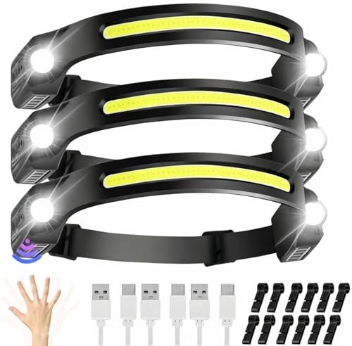 JIASESCS Head Torch Rechargeable,3 Packs Headlamp 6 Mods LED Headtorch Light Weight Super Bright with Motion Sensor & Waterproof Gift for Adults Kids Running,Camping,Hiking,Cycling and Night Fishing