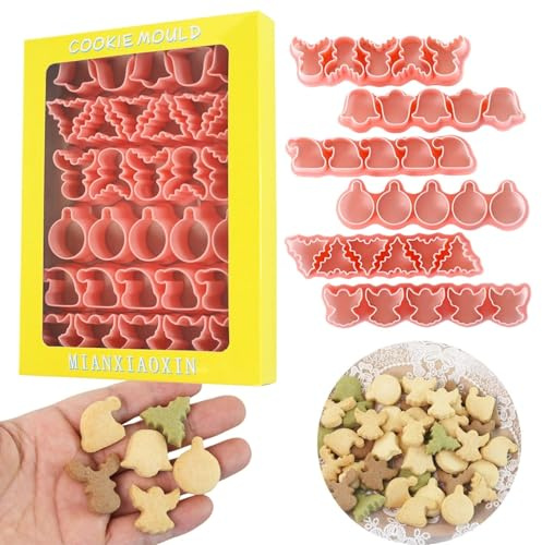 Mini Christmas Cookie Cutter Set – Holly Leaf, Bell, Santa Hat, Reindeer, Angel & Ornament, Connected Row Cutters for Biscuits, Fondant & Festive Treats