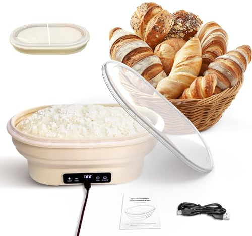 Brotkorb Set, Backzubehör für Brot, Faltbarer Sauerteig-Starterwärmer aus Silikon, präzise Thermostatsteuerung 77–122 °F, 6-Stunden-Timer, Starter Back Set als Geschenk