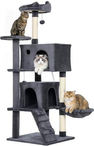 PawHut Tiragraffi per Gatti Alto 140 cm, Albero per Gatti Multilivello con 3 Pali Graffiatoi, 2 Grotte, Cuccia, Amaca, 2 Pompon, Piattaforma e Scala, Torre per Gattini, in Peluche, Grigio Scuro