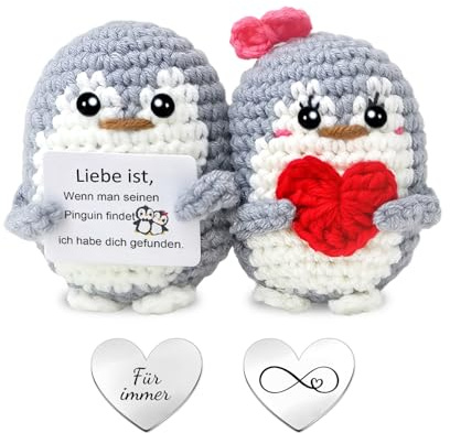 GROVBLE Ich Liebe Dich Geschenk – Gestrickter Pinguin Partner Geschenk | Jahrestag Geschenk | Liebesgeschenk für Partner | Pinguin Kuscheltier Set | Geschenk für Freundin, Freund & Hochzeitstag