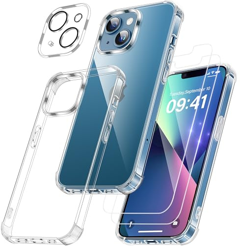 FLLAO 4 in 1 Cover per iPhone 13 Mini Custodia con 2 Pellicola Vetro Temperato e 1 Fotocamera Protettiva, [Cuscino d'aria integrato] Antiurto Morbido Cover per iPhone 13 Mini, Trasparente