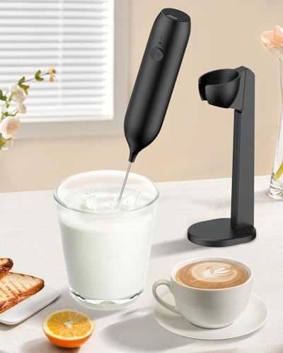 Pawfly Espumador de Leche Recargable, Espumador Manual con Soporte y Batidor de Acero Inoxidable, Potente Mezclador Eléctrico para Capuchino Latte Matcha Chocolate Caliente
