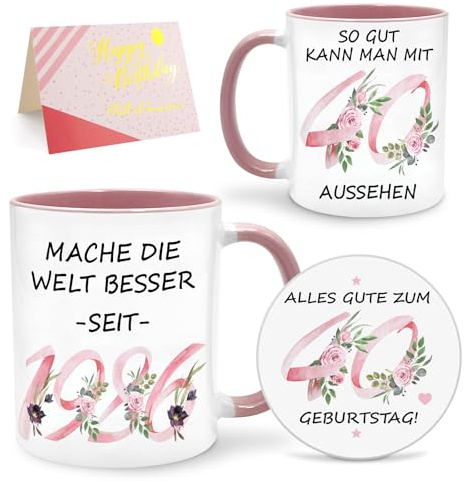 Geschenke zum 40. Geburtstag für Frauen, 1986 Tasse, Untersetzer für Frauen | Lustige Geschenke für Freundin Mutter Gattin Schwestern Freunde Kolleginnen, 40 Geburtstag Frau Deko
