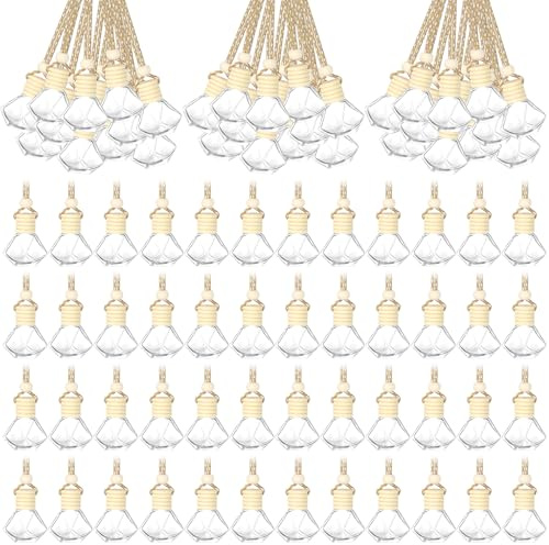 100Pcs Hanging Car Diffuser Bottles Bulk, Refillable (Rhombic, 8 ml) | Empty Clear Glass Essential Oil Air Freshener Diffuser, with Wooden Cap, for Perfume Fragrance Pendant Thank You Gifts