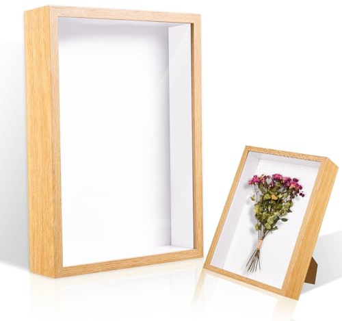 ALULU 3D Bilderrahmen zum Befüllen, Tiefe 5 cm | Holz-Schattenbox 31x22,5x6,5 cm, für Fotos, Trockenblumen & DIY-Objekte, Wand- und Tischmontage (Holzfarbe)