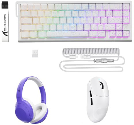 ATTACK SHARK X68PRO HE Rapid Trigger Wireless Keyboard with X8SE Wireless Gaming Mouse with G300 Active Noise Cancelling Wireless Headphones Combo, 8000Hz Gaming Keyboard, 55g Lightweight Mice -Purple