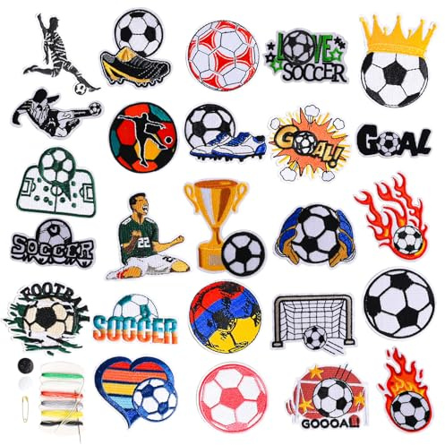 25 Stück Patches Zum Aufbügeln, Flicken zum Aufbügeln, DIY Kleidung Patches Set Aufnähen Bügelbilder Fußballthema Bügelflicken Kinder Aufkleber für T-Shirt Jeans Taschen Mützen Kleidung Taschen
