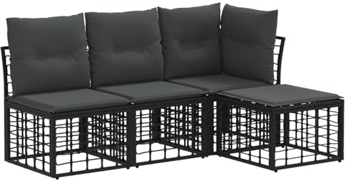 vidaXL Outdoor-Sofagarnitur Schwarz Polyester, Modulares Garten-Lounge-Set, wetterfestes Poly-Rattan, höhenverstellbare Füße, perfekt für draußen