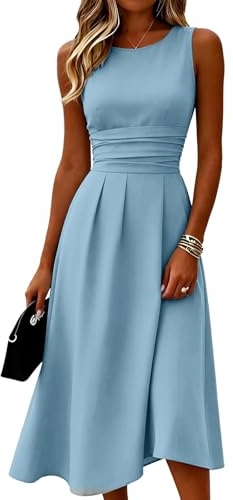 Sommerkleid Damen Lässiges Ärmelloses Sommerkleid Für Damen Leichtes Strandkleid Elegantes A-Linien-Midikleid Mit Taillierter Silhouette Fließendes, Einfarbiges Kleid Mit Rundhalsausschnitt
