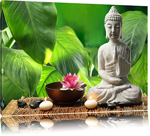 Pixxprint Seerosenblüte mit Buddha Statue, Größe: 60x40cm, Leinwandbild, fertig gespannt, Wandbild, Dekoration, Kunstdruck, kein Poster