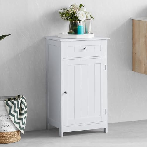 Bath Vida Priano Freestanding 1 Drawer 1 Door Bathroom Floor Cabinet, White | Round Handles, Space-Saving, Easy Assembly, Storage, Anti-Tip Kit, Compact, Adjustable Shelf, Modern, H 77 x W 43 x D 34 cm