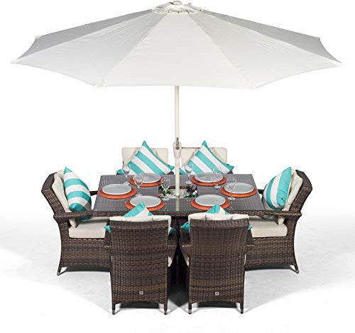 Arizona Rattan Dining Set | Luxury Rectangle 6 Seater Brown Rattan Table & Chairs Set with Ice Bucket Drinks Cooler | Outdoor Poly Rattan Garden Dining Furniture Set with Parasol & Cover