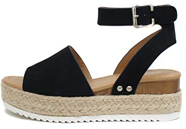 Soda Topic Open Toe Buckle Ankle Strap Espadrilles Flatform Wedge Casual Sandal (Black, 8.5)