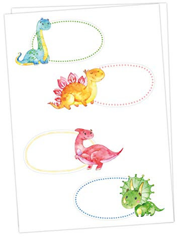 Papierdrachen 8 bunte Sticker zum Beschreiben für Kinder - Motiv Dinosaurier - Ideal zum Beschriften von Schulbüchern und Schulheften oder Geschenken zu Weihnachten