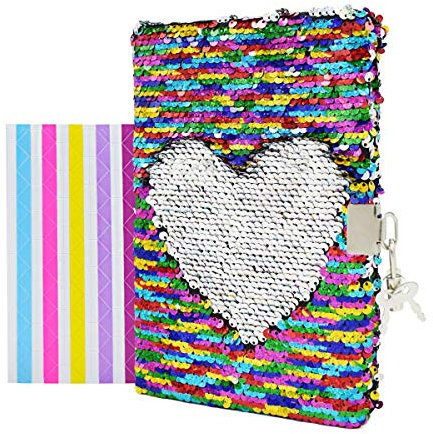 VIPbuy Tagebuch mit Schloss und Schlüssel Notizbuch für Mädchen Kinder Pailletten Wendbare Tagebücher Notizbücher A5 liniert mit 1 Blatt Fotoecken, 156 Seiten, 21,5 x 14 cm, bunt