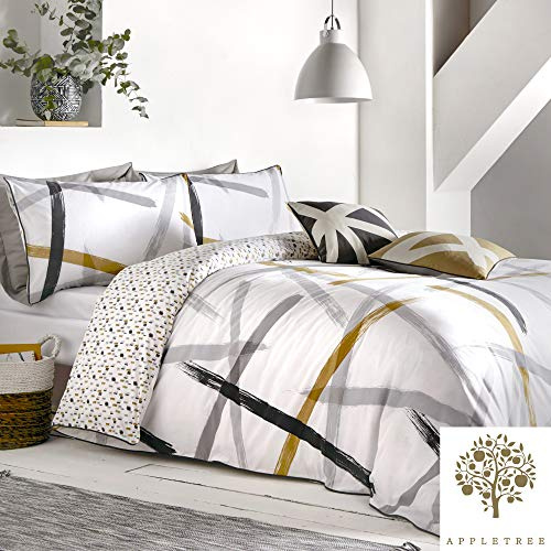 Appletree - Yellow & White Geometric Duvet Cover - King Bedding Size (230 x 220cm) - Soft 100% Cotton - Reversible Design - Piped Edge - Black & Ochre Triangle Shapes Bedding - Contemporary Bed Set
