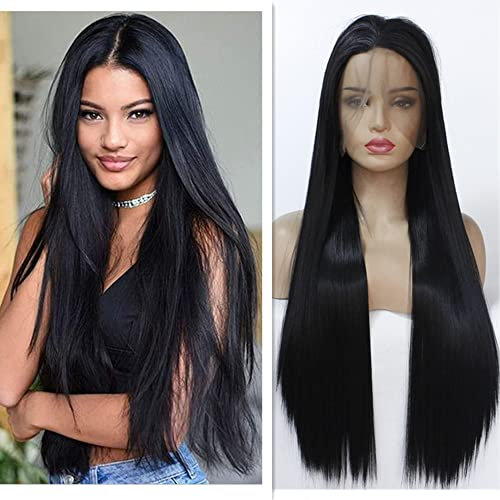 Synthetische Schwarze Lace Front Perücken Lange Gerade 13x4 Lace Hitzebeständig für Frauen Ersatz Spitze Perücke 26in (Black Lace Front Wig)
