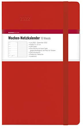Wochen Notizkalender 18 Monate groß Red 2022 - Taschen-Kalender 13x21 cm - mit Verschlussband & Falttasche - Juli 2021 bis Dez 2022 - Weekly - 128 Seiten