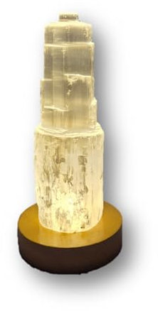 Selenit Kristall Turm, LED Beleuchtung ca.8 mm dm, Edelstein Natur belassen, Gips Kristall Spitze