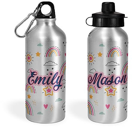 Print Maniacs Personalised Water Bottle School Sport Cap Drink White Silver 600ml or 400ml Aluminium Kid Boys Girls Biking Gift Be A Rainbow (Silver, 400ml)