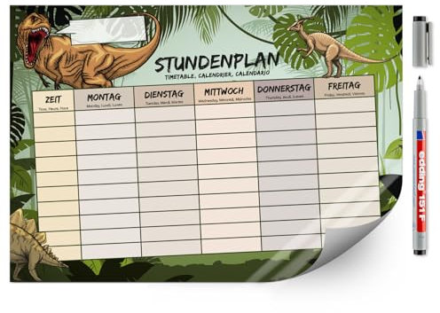Selbstklebender Stundenplan im Dino-Design I DIN A4 I Grün I Abwischbar I Wiederbeschreibbar I mit Namensfeld und Stift I Mehrsprachig I dv1071