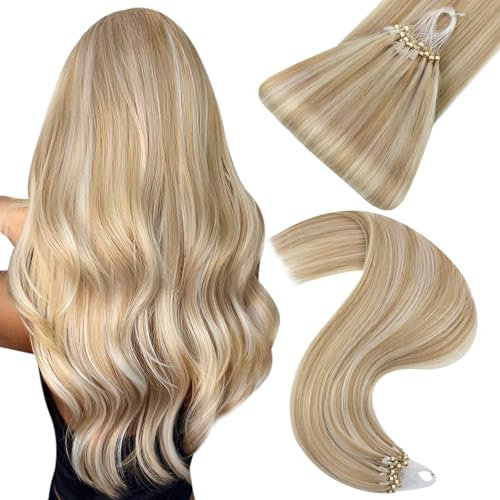 Easyouth Microring Extensions Blond Highlighted Microring Extensions Echthaar Remy Microrings Haarverlangerung Honigblond Mix Mittelblond 50 cm 50g #27P613